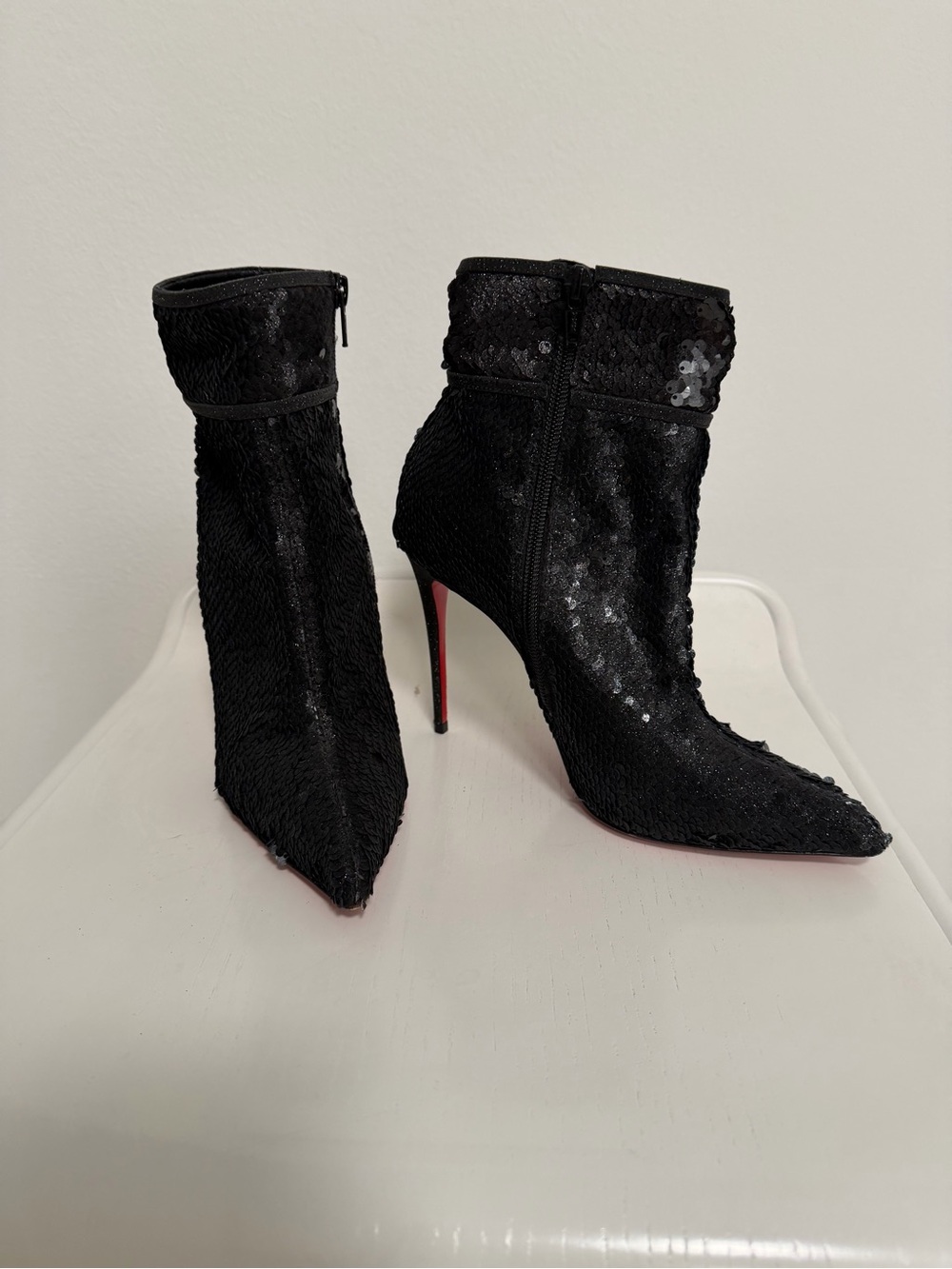 Christian Louboutin Black Sequin Pointed Toe Stiletto Booties